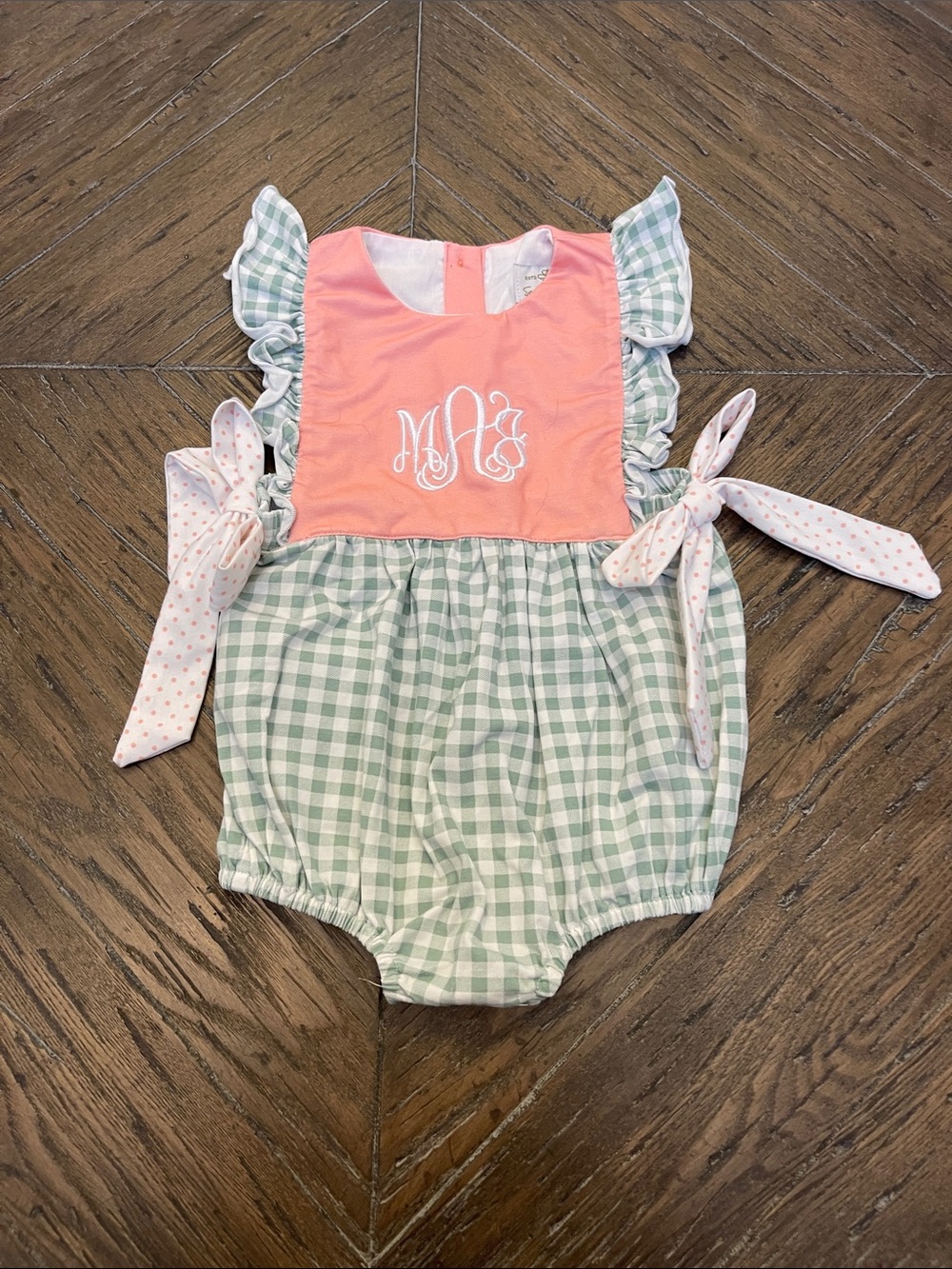 Sew Magnolia Monogrammed MAJ Peach and Sage Gingham Baby Bubble Romper
